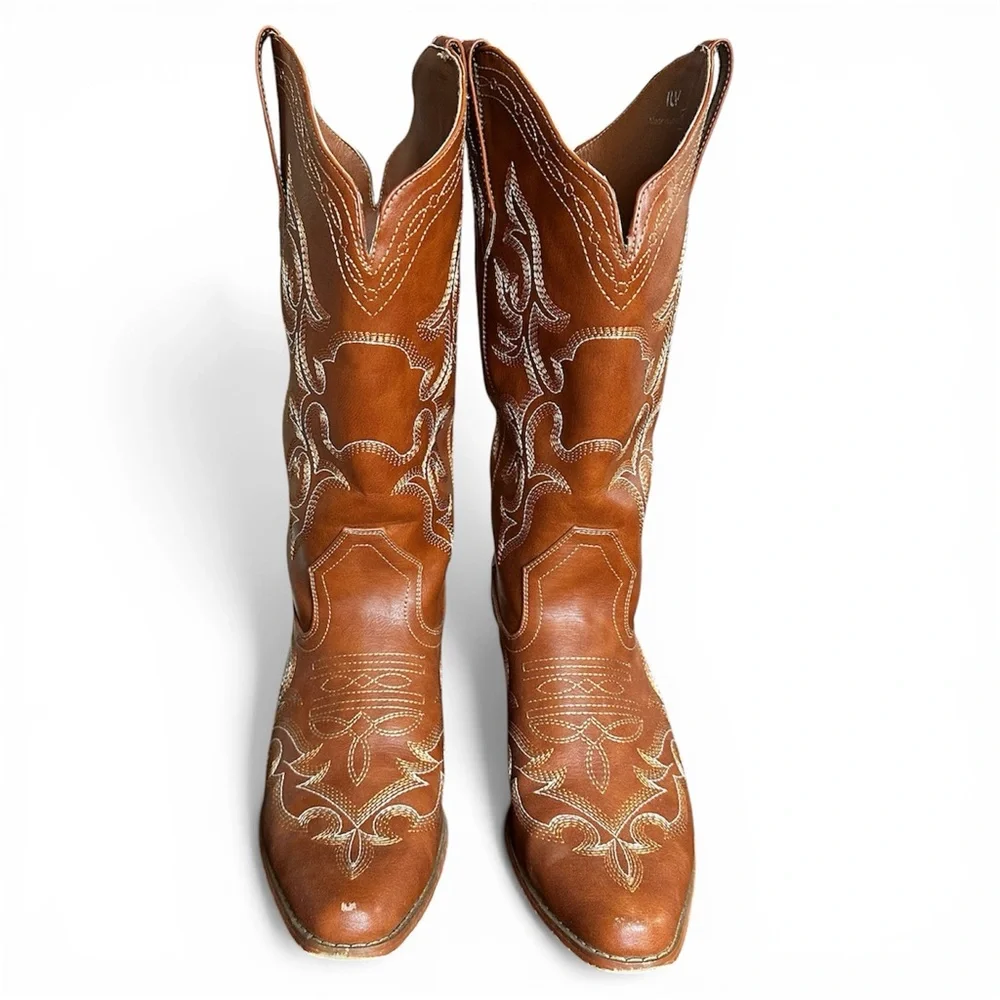Cognac Embroidered Western Mid-Calf Boots Boho Cowgirl Rodeo Size 11.5 - Picture 4 of 10